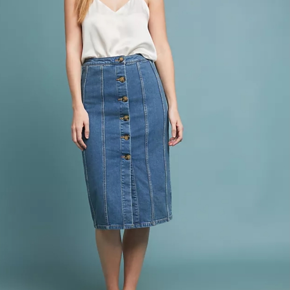 Anthropologie Pilcro Buttonfront Blue Denim Pencil Skirt Size 2